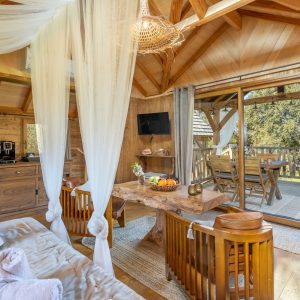 Cabane en bois avec vue sur la nature, décor chaleureux et lumineux.