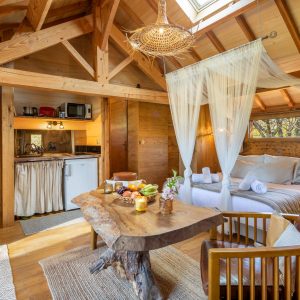 Cabane en bois dans les arbres, avec un intérieur chaleureux et lumineux.