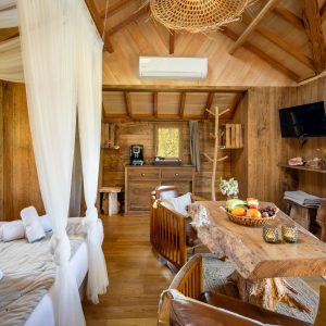 Hébergement insolite en Aquitaine : cabane en bois avec décoration chaleureuse et vue sur la nature.