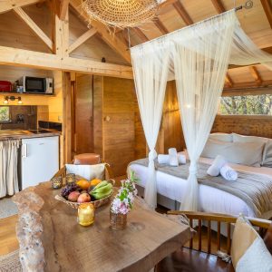 Cabane en bois cosy en Aquitaine, avec lit douillet et cuisine intégrée.