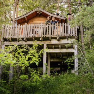 Cabane perchée en bois entourée darbres, offrant une vue imprenable sur la nature.