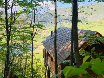 Cabane perchée en bois, entourée darbres, avec vue sur la vallée verdoyante.