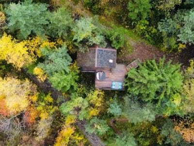 Cabane perchée au cœur des forêts colorées dAuvergne-Rhône-Alpes.
