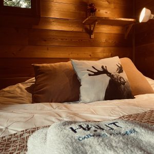 Cabane en bois cosy en Auvergne, avec oreillers douillets et décor nature.