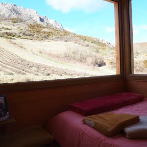 Cabane en bois avec vue sur les montagnes et champs, ambiance chaleureuse et cosy.