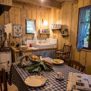 Chalet en bois dans le Grand-Est, avec une cuisine rustique et une table à carreaux.