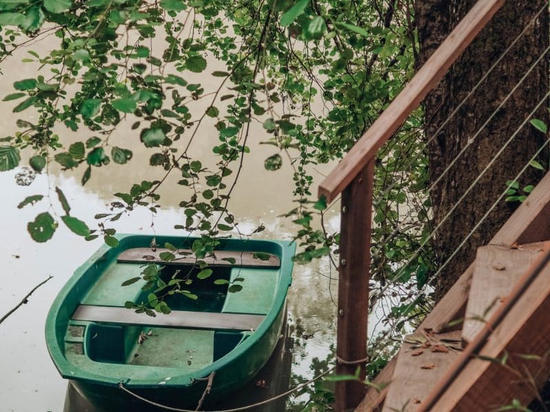 Cabane au bord de leau, avec un petit bateau vert et des arbres verdoyants.