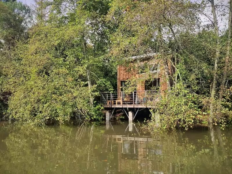 Cabane en bois sur pilotis, entourée de verdure au bord de leau en Nouvelle-Aquitaine.