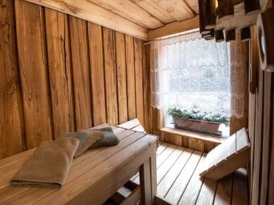 Sauna en bois chaleureux avec bancs en bois et fenêtre lumineuse à Grand-Est.
