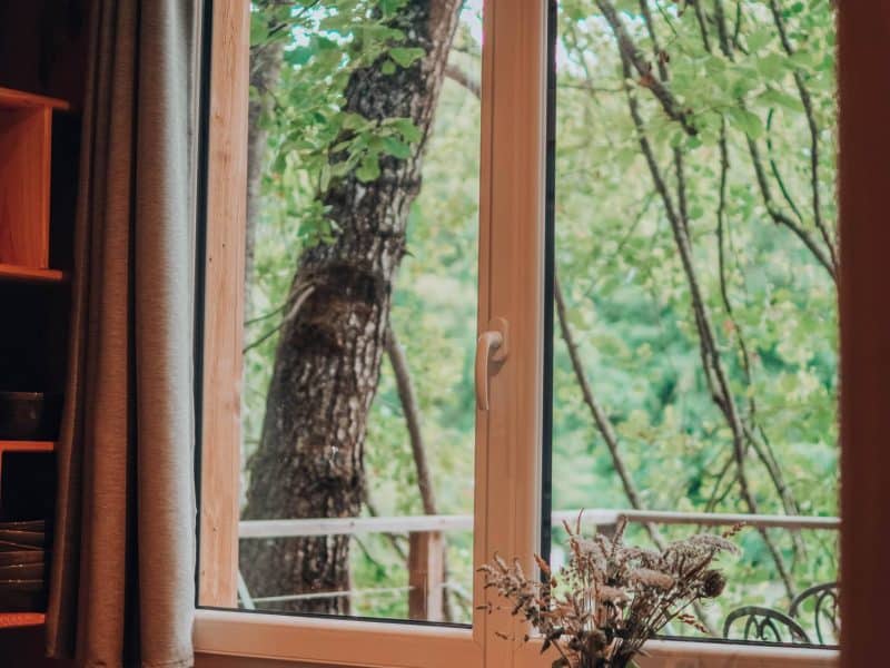 Cabane en bois avec vue sur la nature, table en bois et vase décoratif.