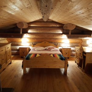 Chalet en bois chaleureux avec lit douillet et ambiance rustique.
