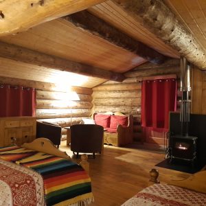Chalet en bois chaleureux avec cheminée, décor rustique et ambiance cosy.