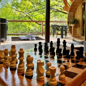 Hébergement insolite en Midi-Pyrénées avec un échiquier en bois et vue sur la nature.