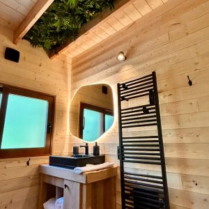 Hébergement insolite en Midi-Pyrénées, intérieur en bois avec plafond végétal.