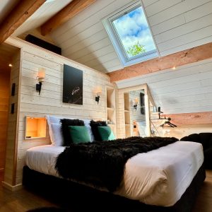 Chalet moderne en Midi-Pyrénées, avec lit douillet et grandes fenêtres lumineuses.