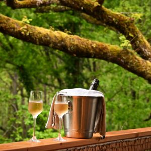 Cabane perchée en Midi-Pyrénées, avec flûtes de champagne sur la terrasse boisée.