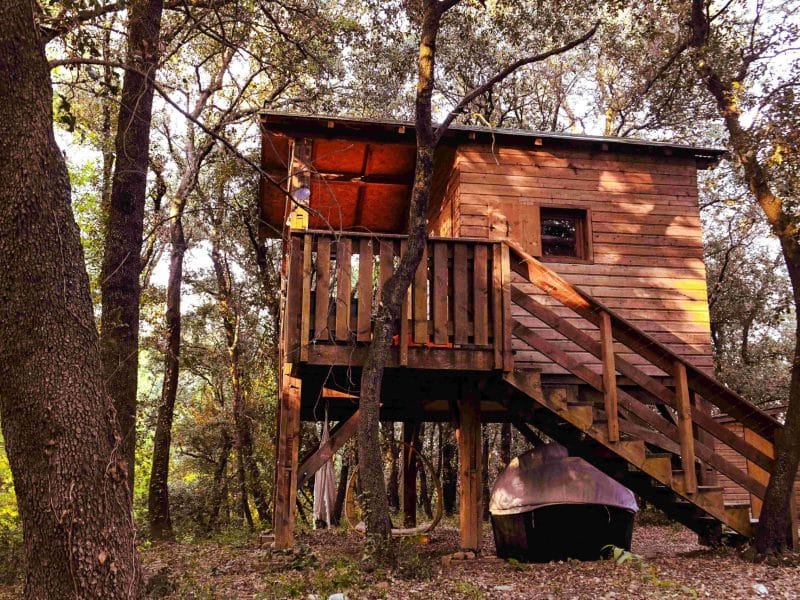 Cabane en bois perchée dans les arbres, entourée de verdure luxuriante.