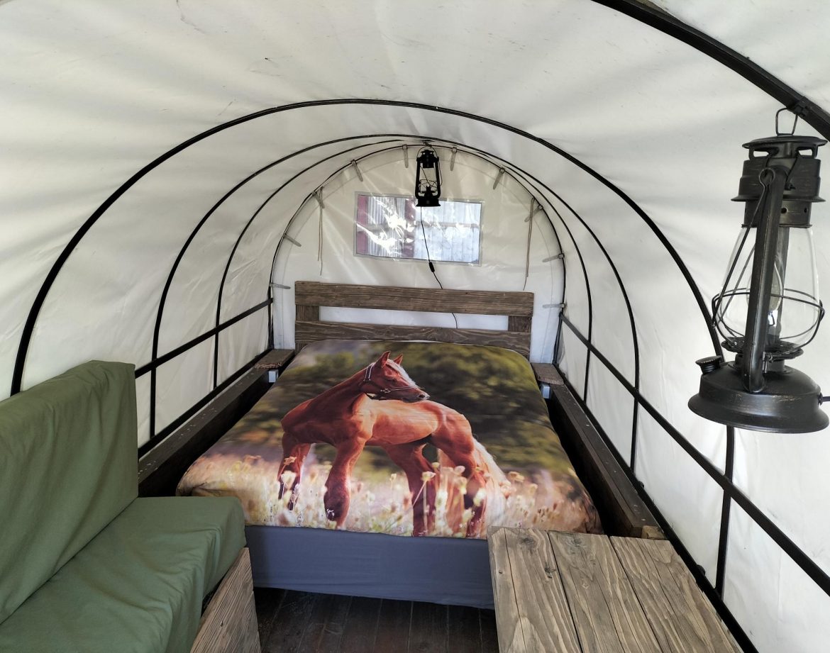 Hébergement insolite en Pays de la Loire : tente ronde avec lit et décor de chevaux.