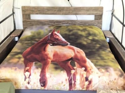 Hébergement insolite en Pays de la Loire avec un lit décoré dune couette de cheval.