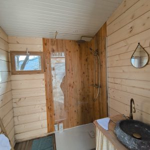 Cabane en bois avec douche moderne et lavabo en pierre, ambiance chaleureuse.