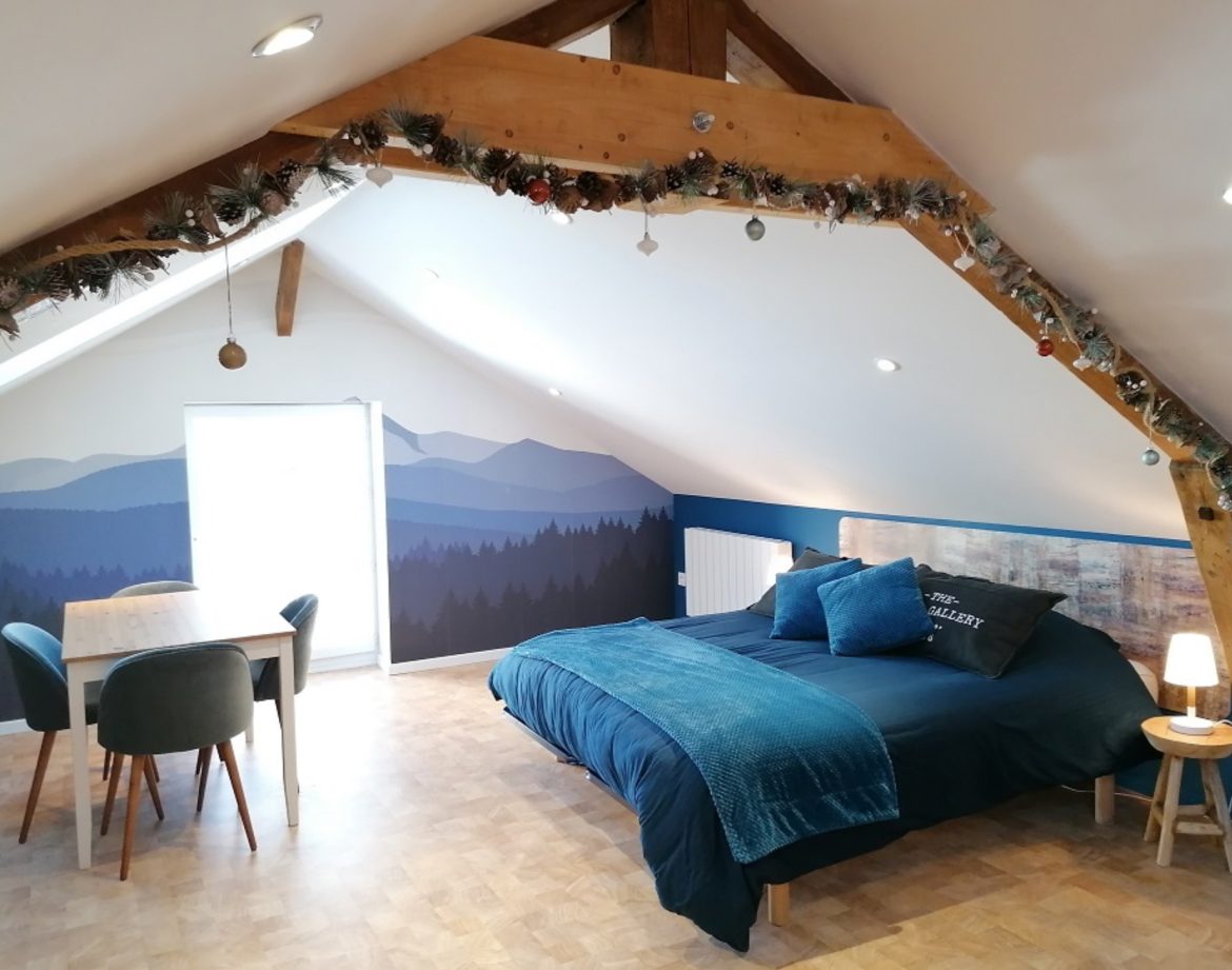 Chambre dhôtes cosy sous les combles, vue sur montagnes et décor chaleureux.