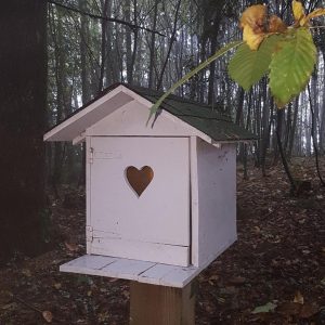 Cabane en bois avec un cœur découpé, nichée dans la forêt du Limousin.