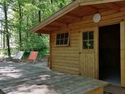 Cabane en bois dans les arbres, entourée de verdure, avec terrasse en bois.