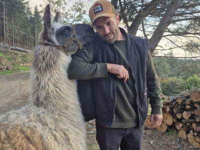 Hébergement insolite : un homme câline un lama dans un cadre forestier apaisant.