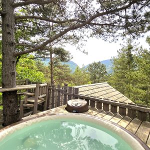 Cabane perchée en bois avec jacuzzi, vue imprenable sur la nature environnante.