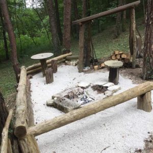 Hébergement insolite en pleine nature avec coin feu et tables en bois.