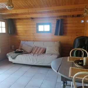 Cabane en bois à Champagne-Ardennes, avec un canapé confortable et un décor chaleureux.