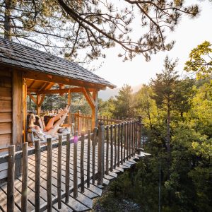 Cabane perchée en bois avec terrasse, entourée de verdure en Provence-Alpes-Côte dAzur.