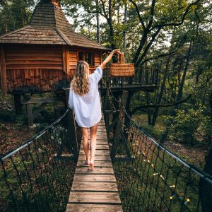 Cabane dans les arbres en Provence, accessible par un pont suspendu verdoyant.