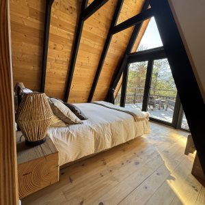 Chalet en bois avec vue panoramique, lit confortable et ambiance chaleureuse.
