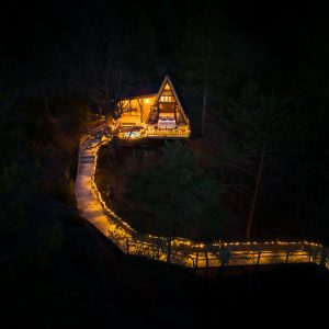 Cabane en bois éclairée, nichée dans les arbres, avec chemin lumineux en Provence-Alpes-Côte dAzur.