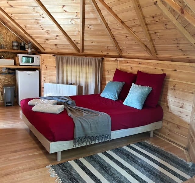 Chalet en bois chaleureux avec lit double et décor cosy.