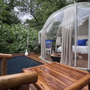 Hébergement insolite en bulle transparente, entouré de verdure, avec terrasse en bois.