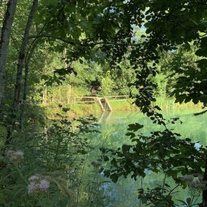 Hébergement insolite en pleine nature, avec un étang turquoise entouré darbres.