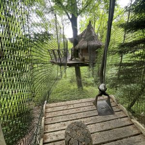 Cabane dans les arbres suspendue, entourée de verdure, avec un accès en filet.