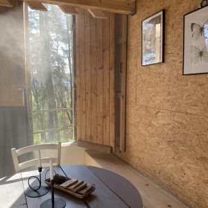 Cabane en bois à Champagne-Ardennes, avec lumière douce et décor naturel.