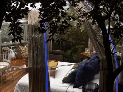 Hébergement insolite en Languedoc-Roussillon, chambre en verre entourée de verdure.