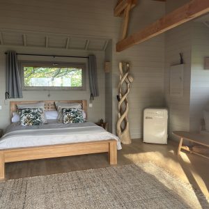 Chalet moderne en Midi-Pyrénées, avec lit en bois et décoration végétale.