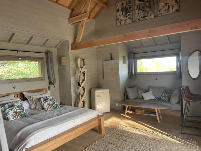Chalet moderne avec lit douillet, décoré de plantes et lumière naturelle.