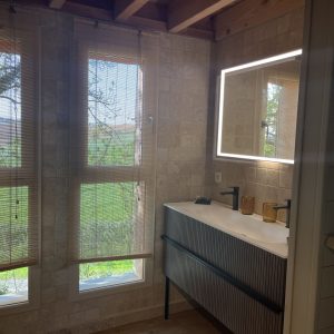 Hébergement insolite en Midi-Pyrénées : salle de bain moderne avec vue sur la nature.