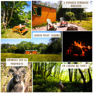 Hébergement insolite : chalet en bois avec jardin privé, terrasse et animaux en lisière de forêt.