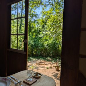 Cabane en bois avec vue sur la nature, table dressée pour un repas en plein air.