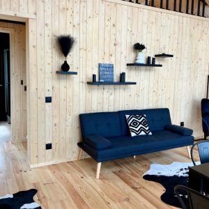 Un chalet moderne en bois avec un intérieur épuré, canapé confortable et décor minimaliste.