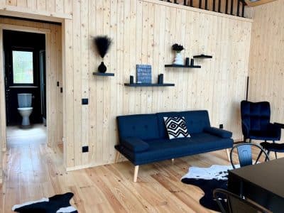 Un chalet moderne en bois avec un intérieur épuré, canapé confortable et décor minimaliste.