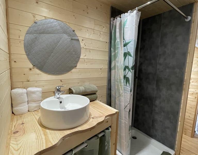Salle de bain moderne en bois, avec douche et lavabo design. Parfait pour un chalet.