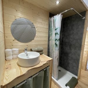 Salle de bain en bois dans un hébergement insolite, avec douche moderne et décor naturel.
